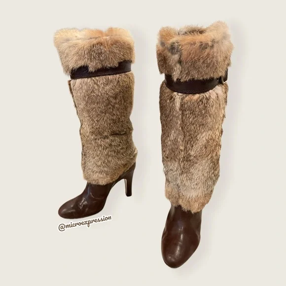 $699 RARE Frye Ava Rabbit Fur Vintage Luxury Brown Leather Stiletto Heel Boot - Picture 9 of 10